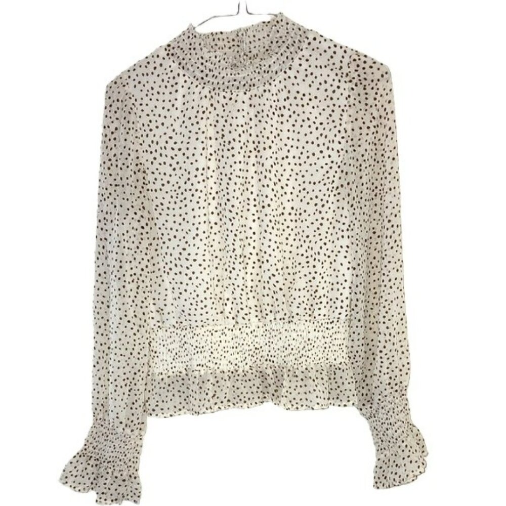 Japna Brown Cream Polka Dot Long Sleeve Romantic Feminine Ruffled Blouse Medium